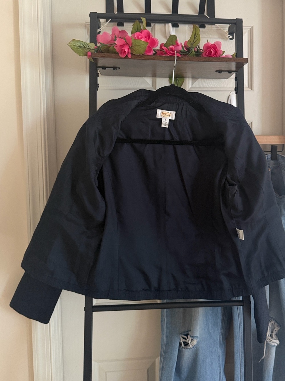 Talbots Navy Blue Cropped Structured Blazer with Burgundy Buttons - Picture 3 of 16
